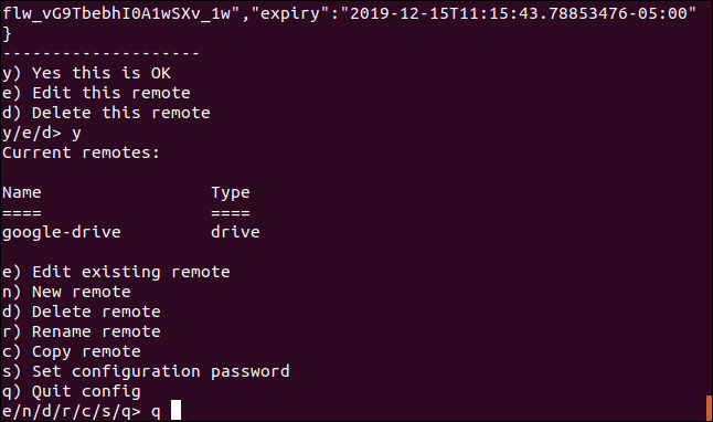 The rclone final menu in a terminal window