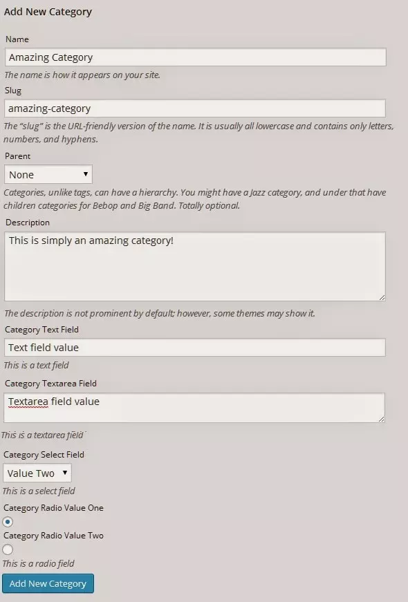 Category Administration Screen