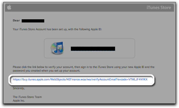 电子邮件文本：“您已经用以下 Apple ID 建立了 iTune Store 账户。请点击以下链接...”