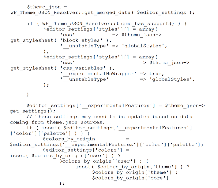 An example of complicated code from the WordPress Block Editor file.