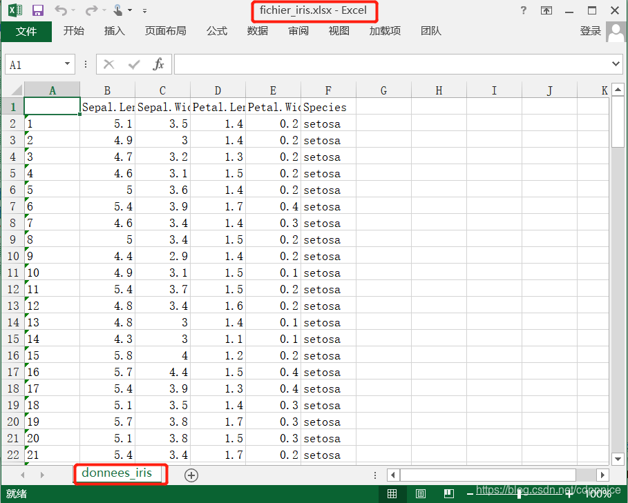 文件名为：fichier_iris.xlsx，工作表名为：donnees_iris
