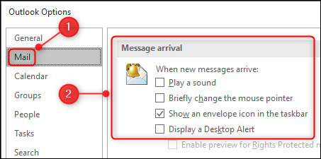 The "Message arrival" settings in the Options panel.