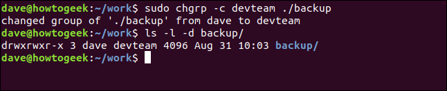 sudo chgrp -c devteam ./backup in a terminal window