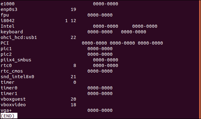 lsdev output piped through less in a terminal window