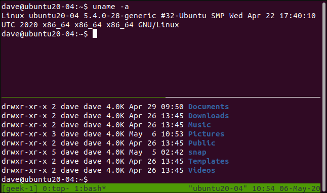 Two different commands in two panes in a tmux session in a terminal widow.