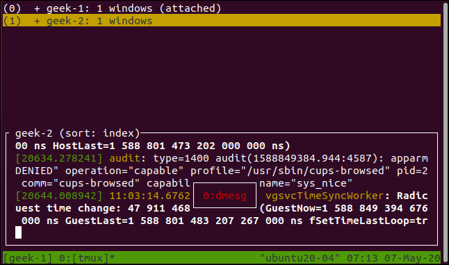 list of tmux sessions displayed in a terminal window.