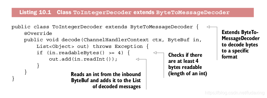 Listing 10.1 Class ToIntegerDecoder extends ByteToMessageDecoder