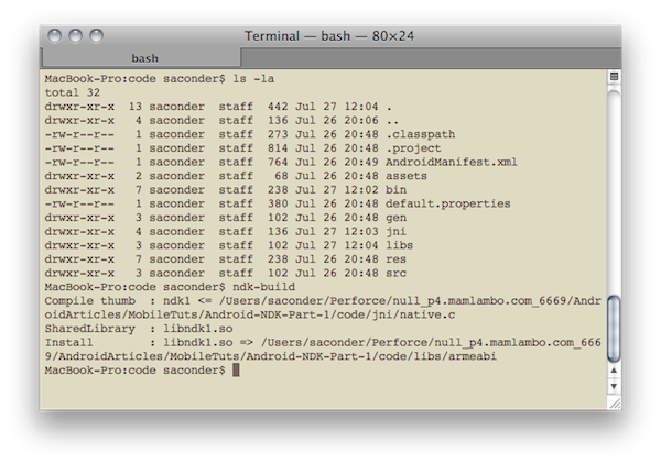Fig 1: Typical build output from the ndk-build command