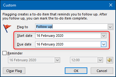 The "Custom" panel with the "Start date" and "Due date" options highlighted.