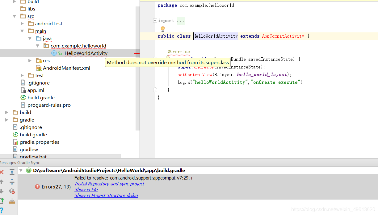 Android新建项目代码爆红，Method does not override method from its superclass问题解决 ...