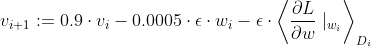v_{i+1}:=0.9\cdot v_{i}-0.0005\cdot \epsilon \cdot w_{i}-\epsilon \cdot \left \langle \frac{\partial L}{\partial w}\mid _{w_{i}} \right \rangle_{D_{i}}