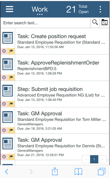 移动设备上的IBM BPM Process Portal上的工作仪表板的屏幕截图