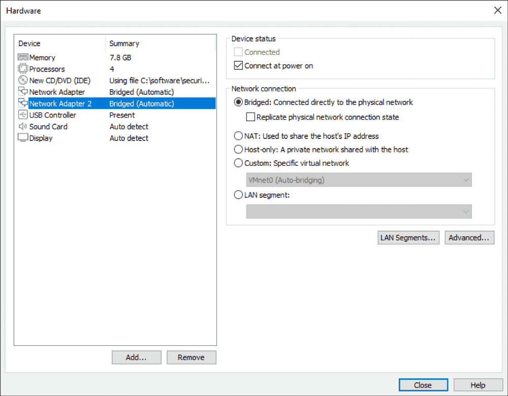 添加用于网络监视的网络适配器