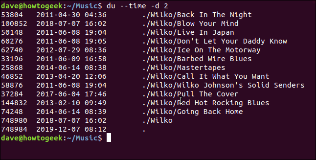 The "du --time -d 2" command in a terminal window.