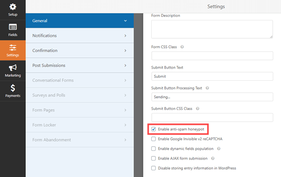 The Enable Anti-Spam Honeypot option is checked