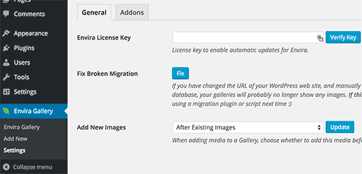 Verify for your Envira Gallery license key