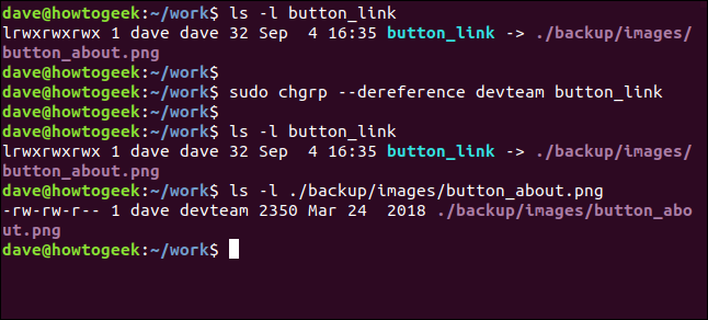 sudo chgrp --dereference devteam button_link in a terminal window