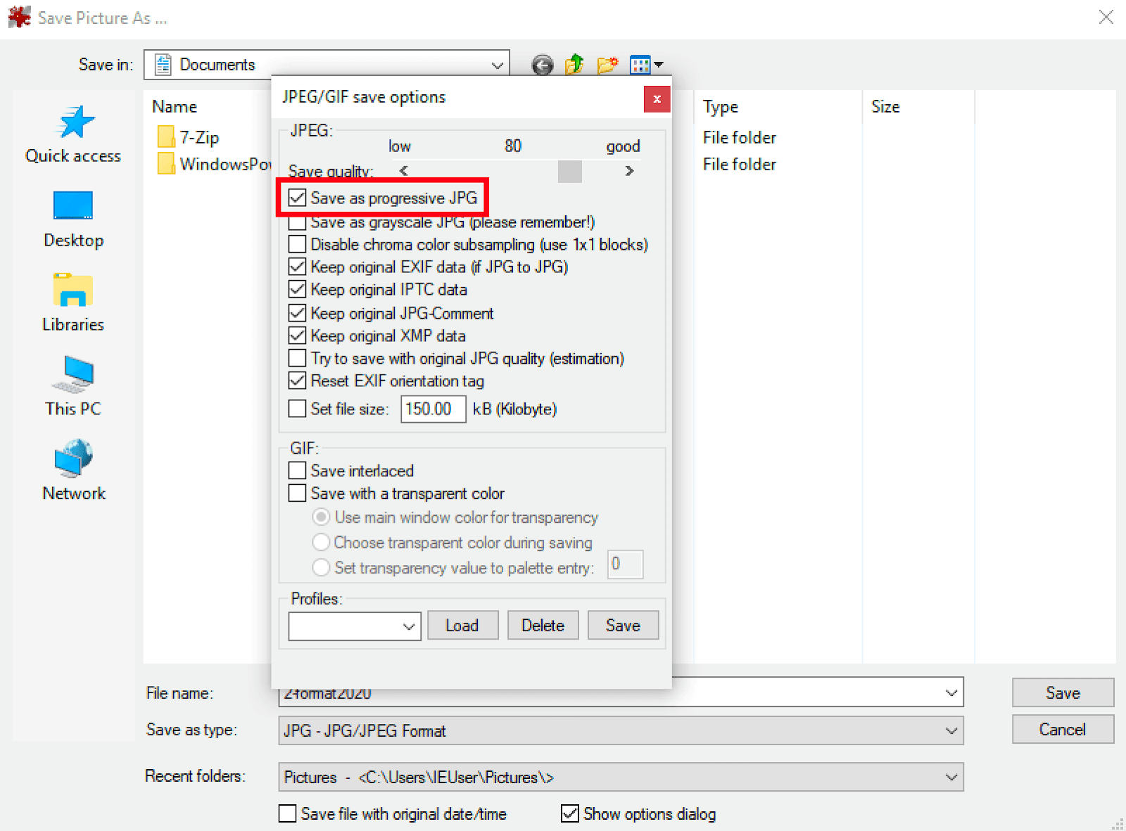 在 IrfanView 中保存文件的选项里可以选择 PJPEG