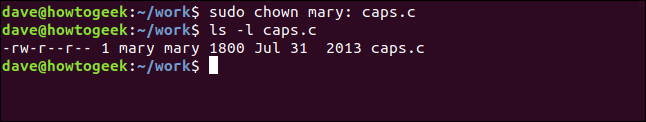 ls -l caps.c in a terminal window