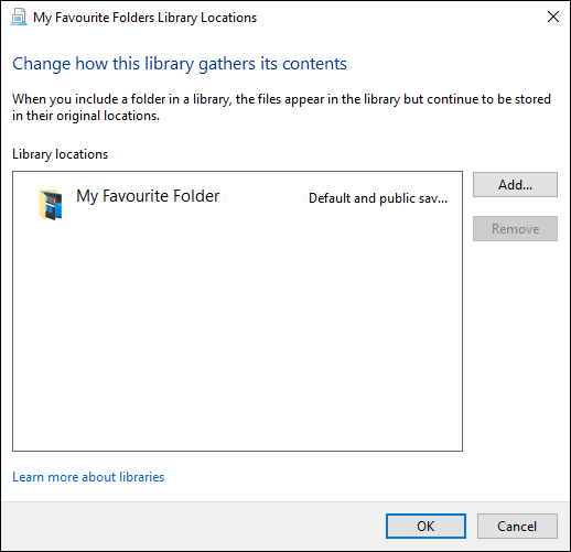 The "Manage Library Locations" menu in Windows File Explorer.