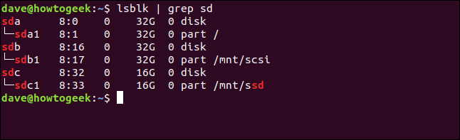 Output from lsblk | grep sd showing mounted block devices in a terminal window