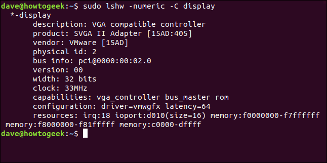 The "sudo lshw -numeric -C display" command in a terminal window.