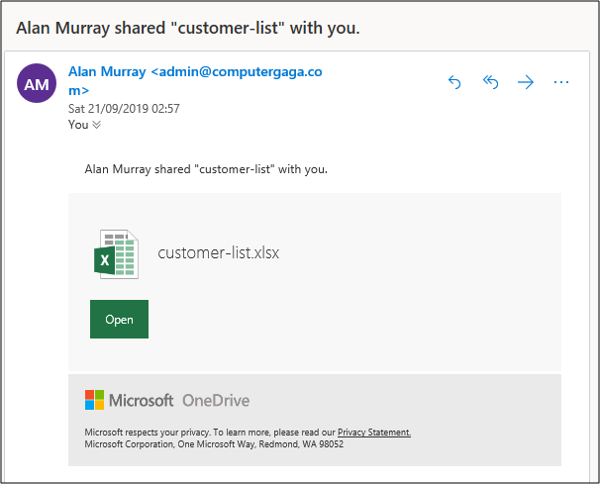 An email invitation to open a shared workbook.