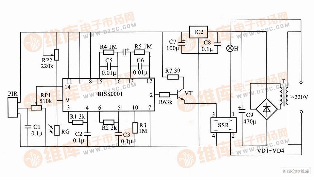 利用BISS0001构成的热释电红外延时照明控制器电路
