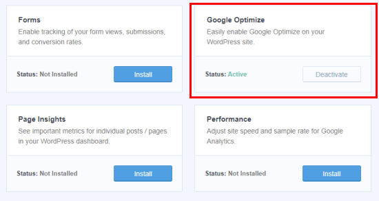 Installing the MonsterInsights Google Optimize addon