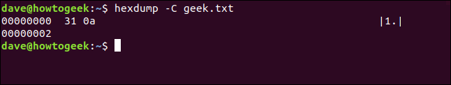 The "hexdump -C geek.txt" command in a terminal window.