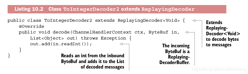 Listing 10.2 Class ToIntegerDecoder2 extends ReplayingDecoder