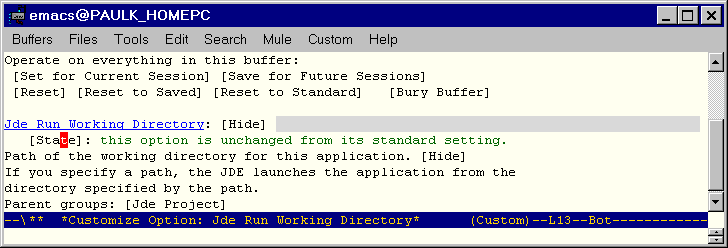 Screenshow showing customization buffer for       jde-run-working-directory.