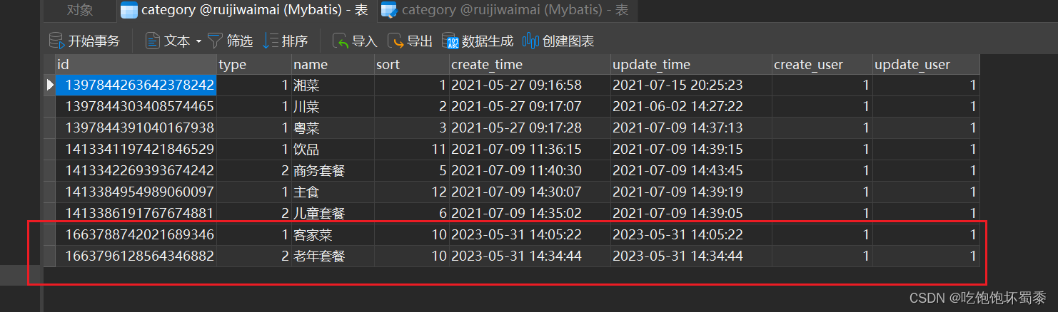 分类添加后,数据库显示