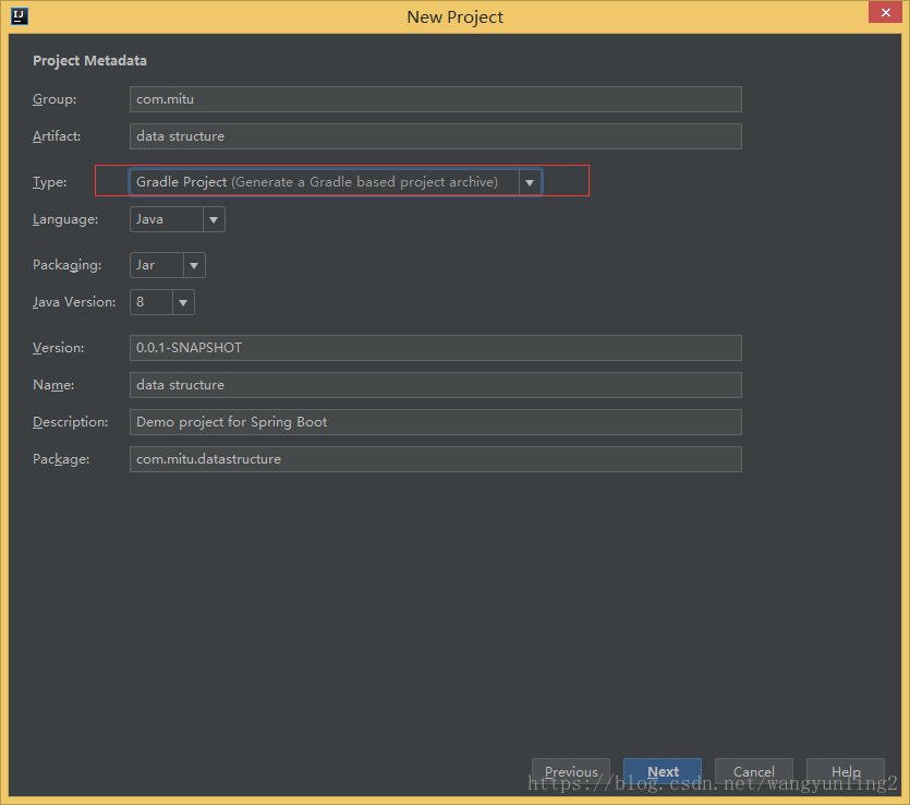 填写项目信息,注意选择gradle