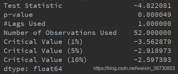 可以看到TestStatistic值小于CriticalValue则已为平稳序列
