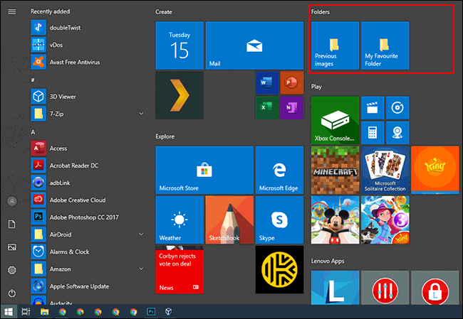 A pinned tile group in the Windows 10 Start menu.