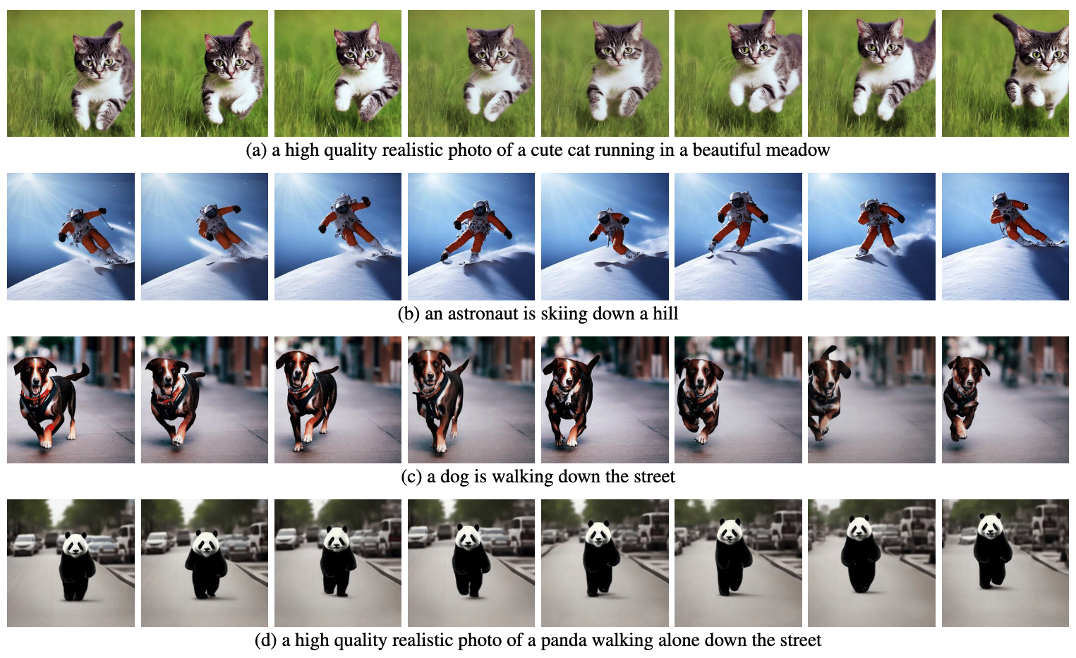 Fig 3. 文本到视频结果。描绘的框架表明身份和外表在时间上是一致的,并且适合文本提示。有关更多结果,请参见附录第6节。