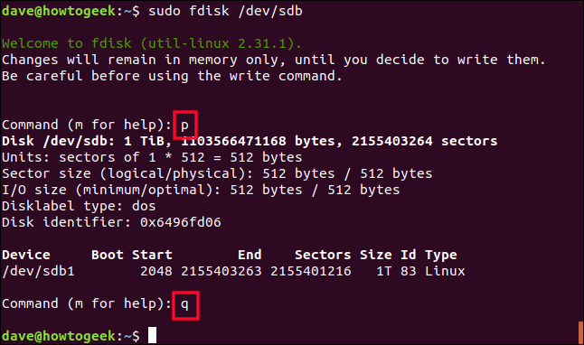 sudo fdisk /dev/sdb in a terminal window