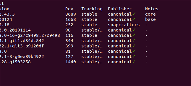 The end of the snap list output in a terminal window.