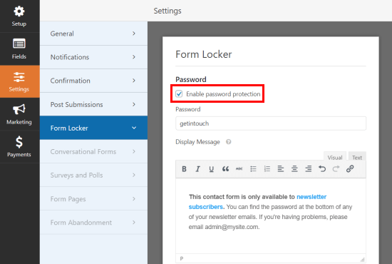 Enabling password protecting using Form Locker