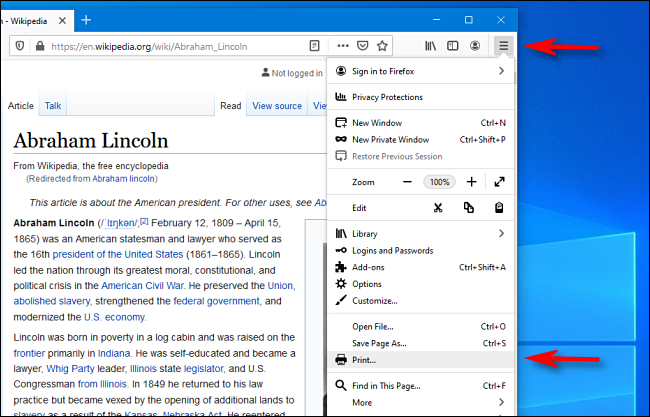 Click hamburger menu and print in Firefox on PC