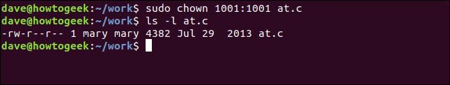 ls -l at.c in a terminal window