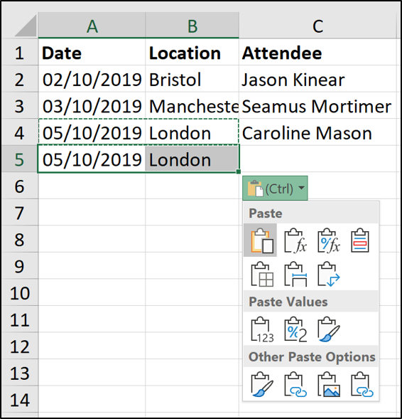 Paste Options provided after pasting