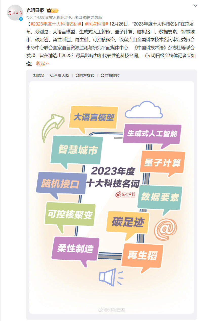 2023年度十大科技名词发布:大语言模型,脑机接口在列