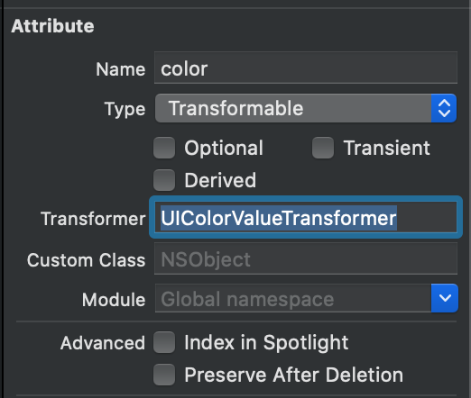 Connecting the value transformer inside the Core Data Model.