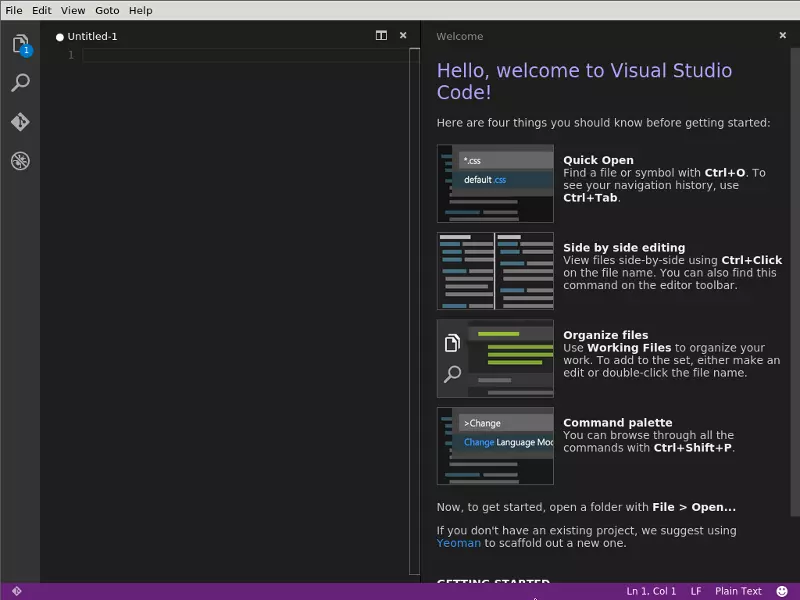 Visual Studio Code's welcome screen