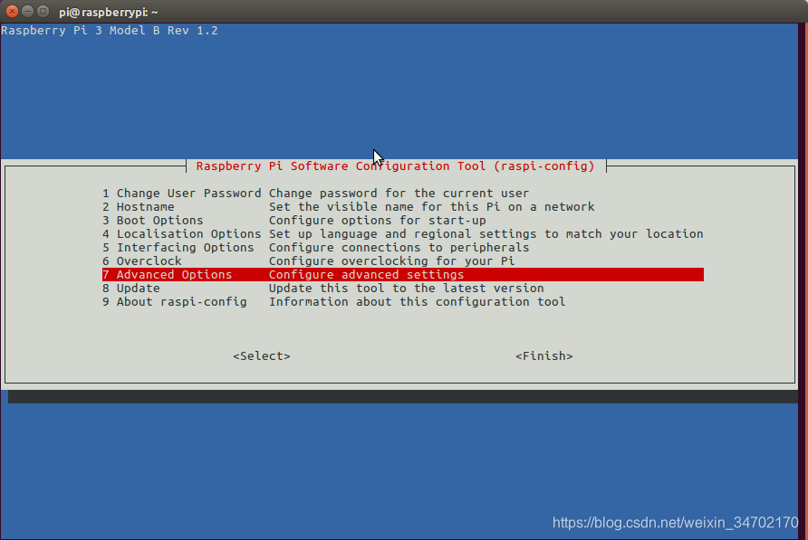 选择Advanced Options（图片来源：https://www.pyimagesearch.com/2017/09/04/raspbian-stretch-install-opencv-3-python-on-your-raspberry-pi/）