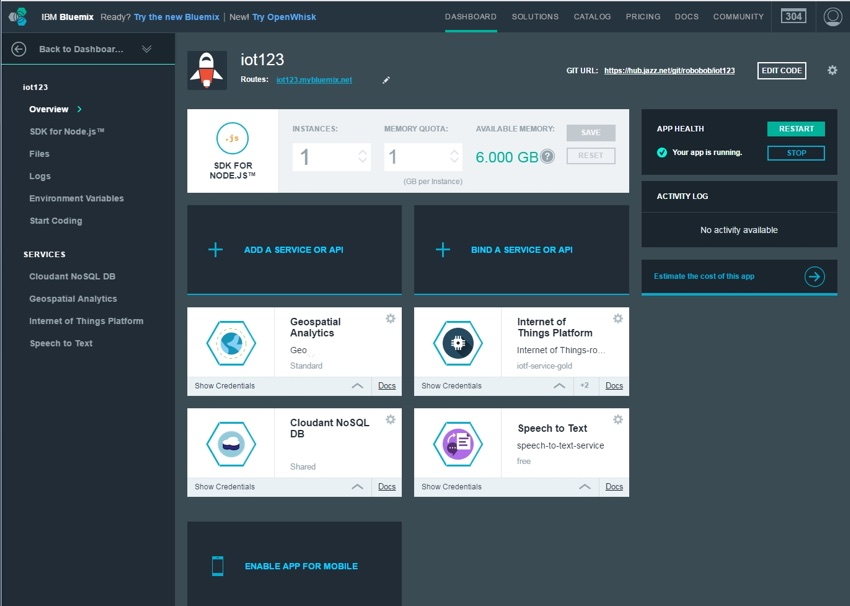 IBM Bluemix IoT手势-具有IoT123演示应用程序的Bluemix仪表板