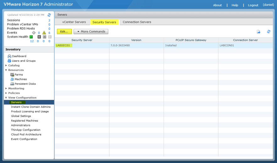 Horizon View 7 - 1 Edit Security Server